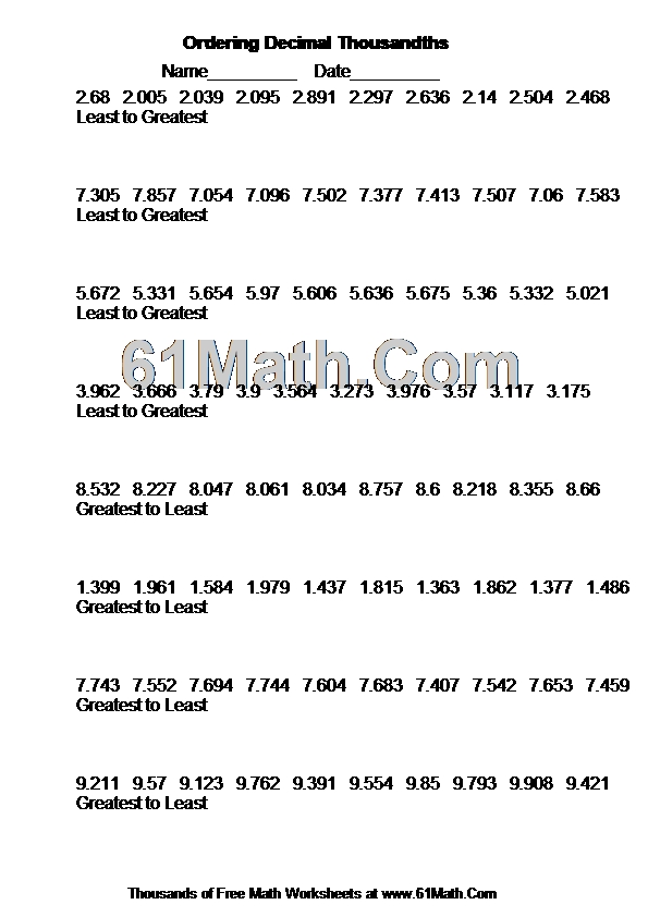 Ordering Decimal Thousandths