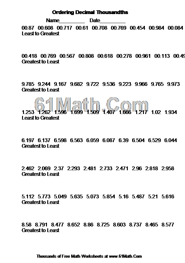 Ordering Decimal Thousandths