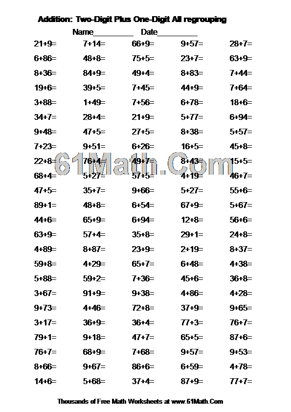 Addition: Two-Digit Plus One-Digit All regrouping