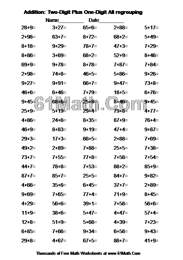 Addition: Two-Digit Plus One-Digit All regrouping