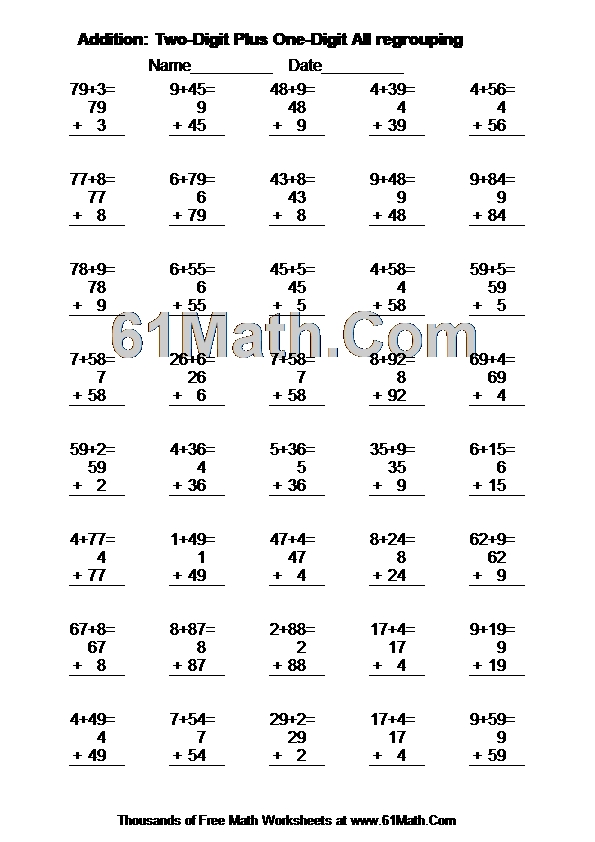 Addition: Two-Digit Plus One-Digit All regrouping