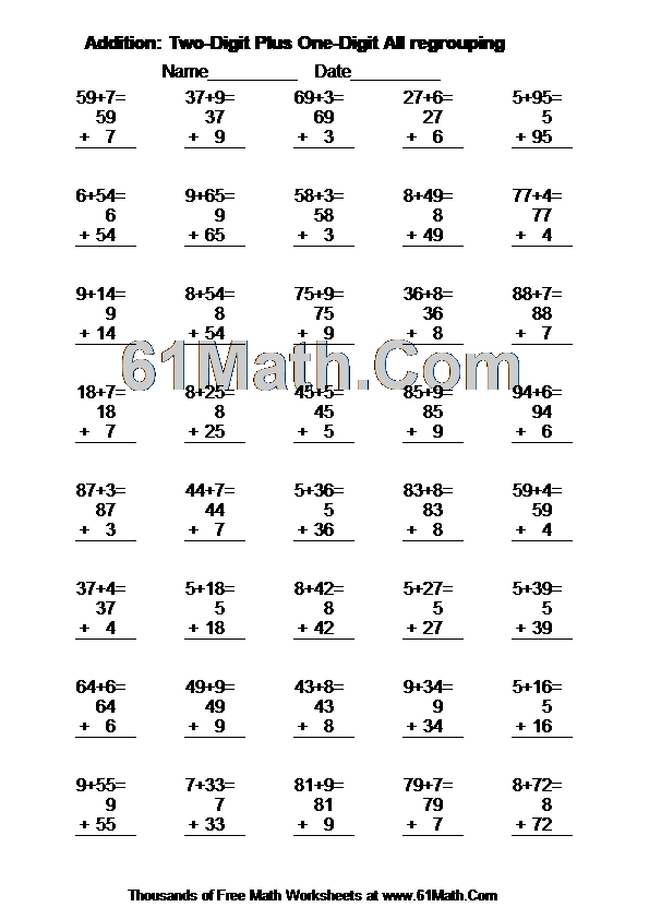 Addition: Two-Digit Plus One-Digit All regrouping