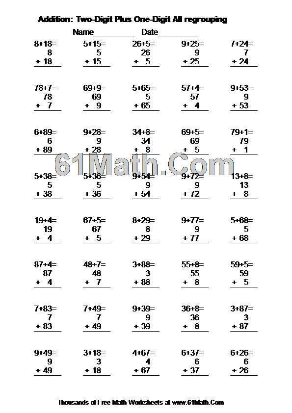 Addition: Two-Digit Plus One-Digit All regrouping