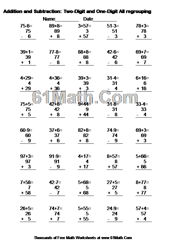 Addition and Subtraction: Two-Digit and One-Digit All regrouping