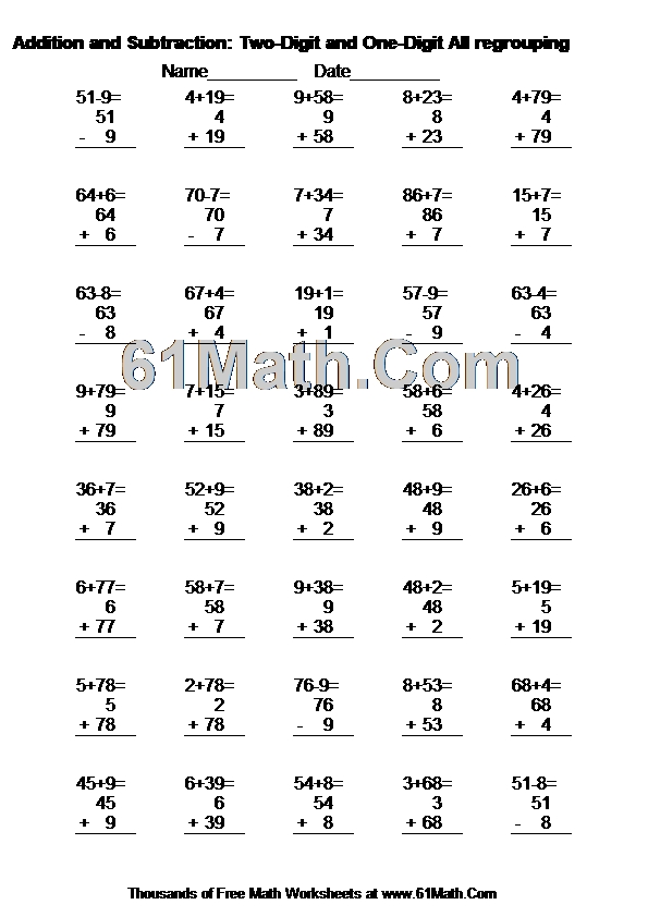 Addition and Subtraction: Two-Digit and One-Digit All regrouping
