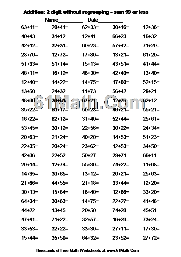 Addition: 2 digit without regrouping - sum 99 or less