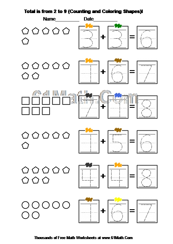 Total is from 2 to 9 (Counting and Coloring Shapes)I