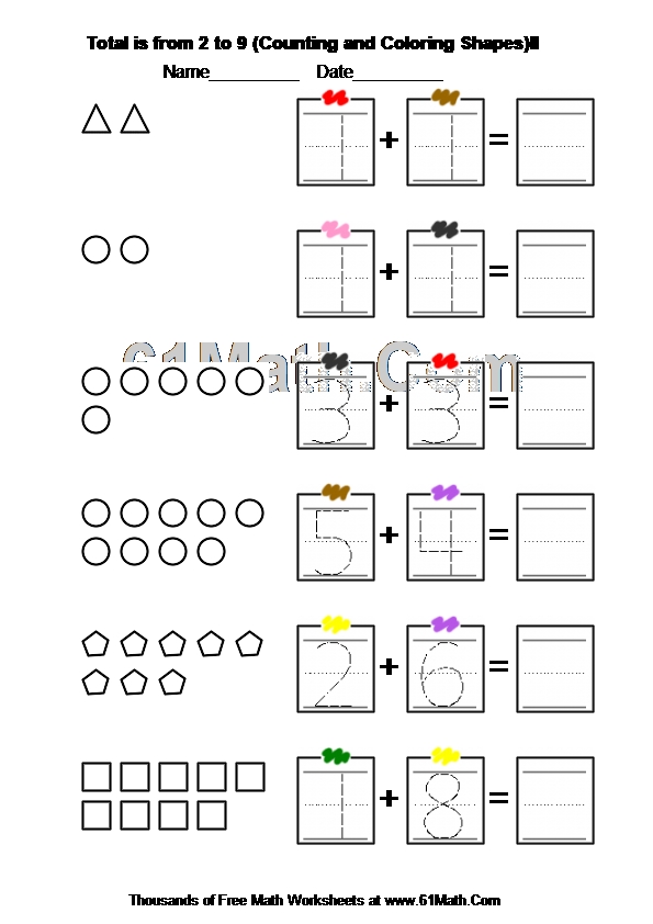 Total is from 2 to 9 (Counting and Coloring Shapes)II