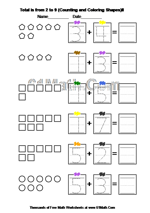 Total is from 2 to 9 (Counting and Coloring Shapes)II