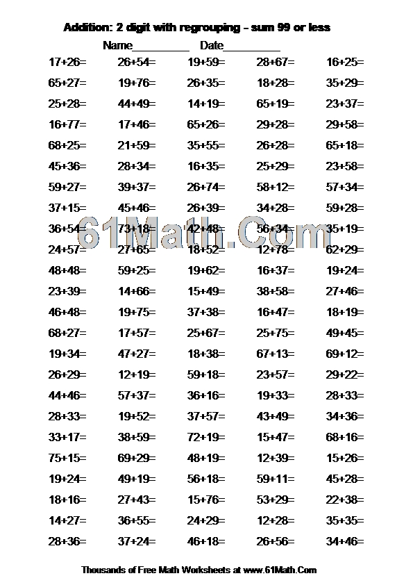 Addition: 2 digit with regrouping - sum 99 or less