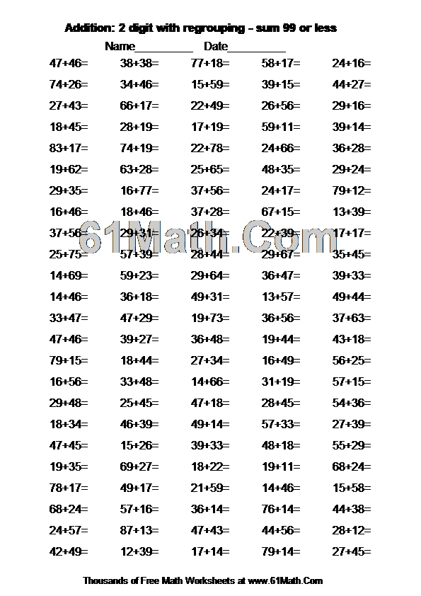 Addition: 2 digit with regrouping - sum 99 or less