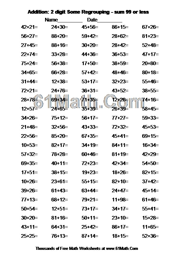 Addition: 2 digit Some Regrouping - sum 99 or less