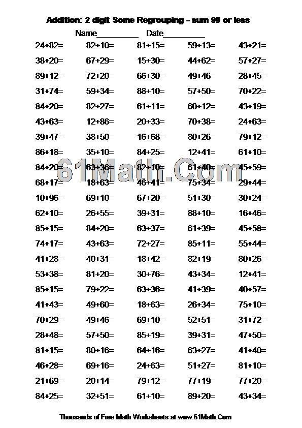 Addition: 2 digit Some Regrouping - sum 99 or less