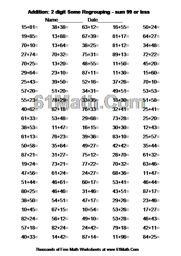 Addition: 2 digit Some Regrouping - sum 99 or less