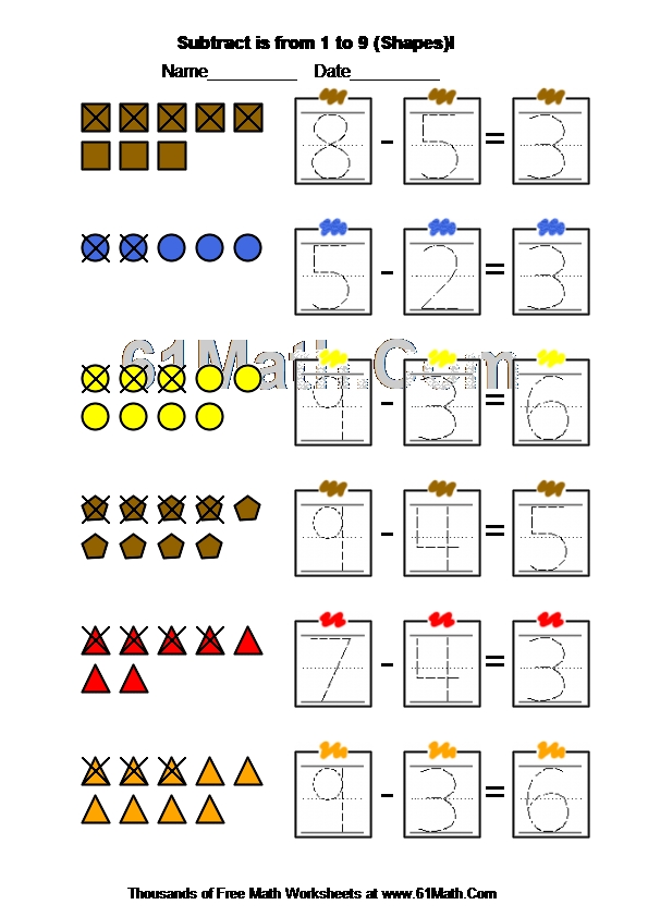 Subtract is from 1 to 9 (Shapes)I