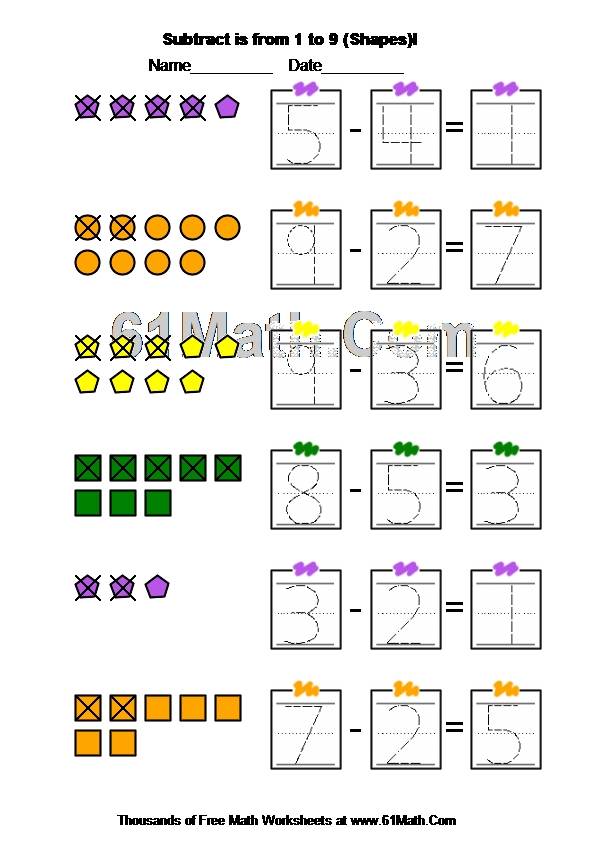 Subtract is from 1 to 9 (Shapes)I