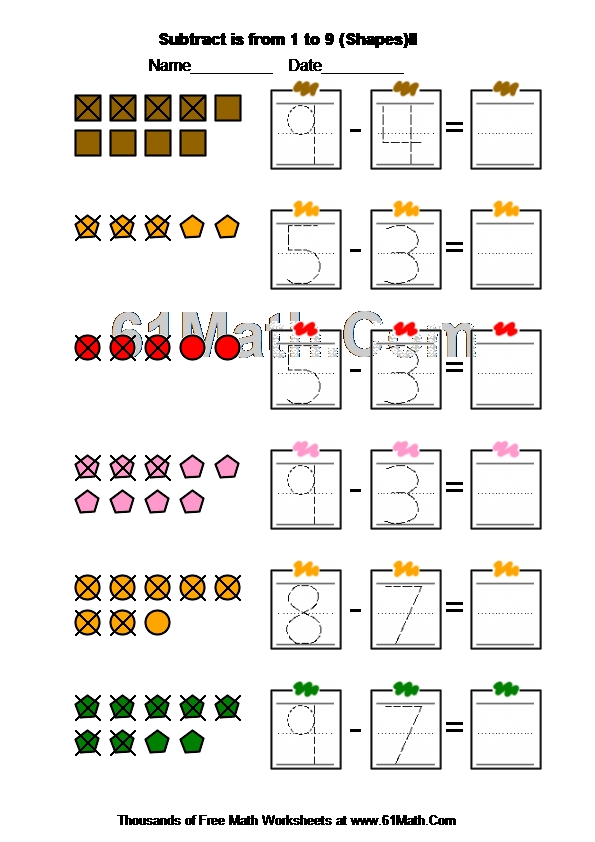 Subtract is from 1 to 9 (Shapes)II