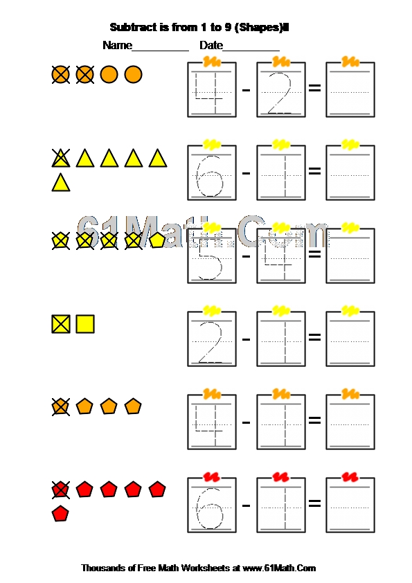 Subtract is from 1 to 9 (Shapes)II