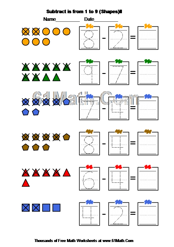 Subtract is from 1 to 9 (Shapes)II