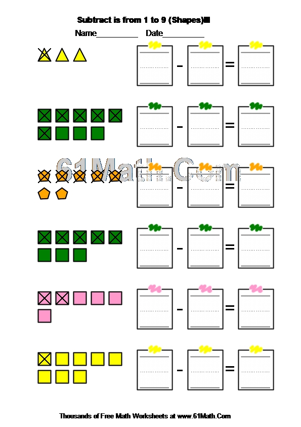 Subtract is from 1 to 9 (Shapes)III