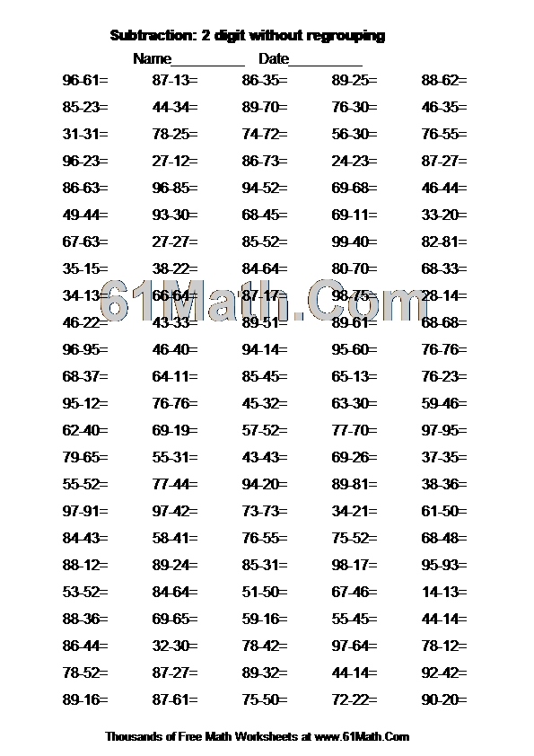Subtraction: 2 digit without regrouping