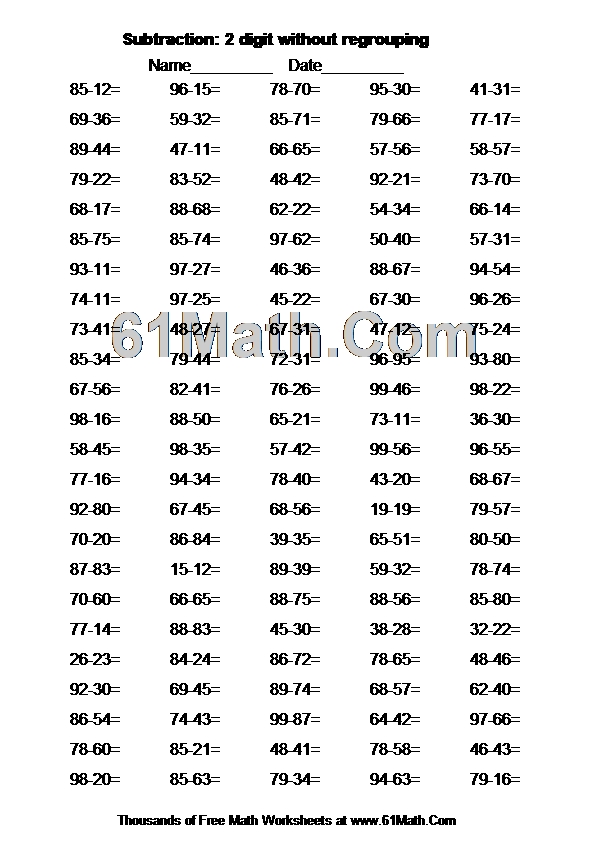 Subtraction: 2 digit without regrouping