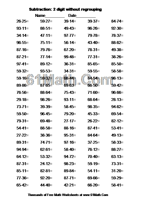Subtraction: 2 digit without regrouping