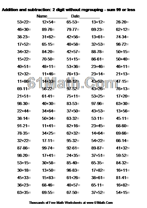 Addition and subtraction: 2 digit without regrouping - sum 99 or less