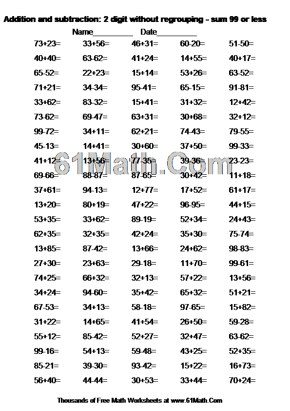 Addition and subtraction: 2 digit without regrouping - sum 99 or less