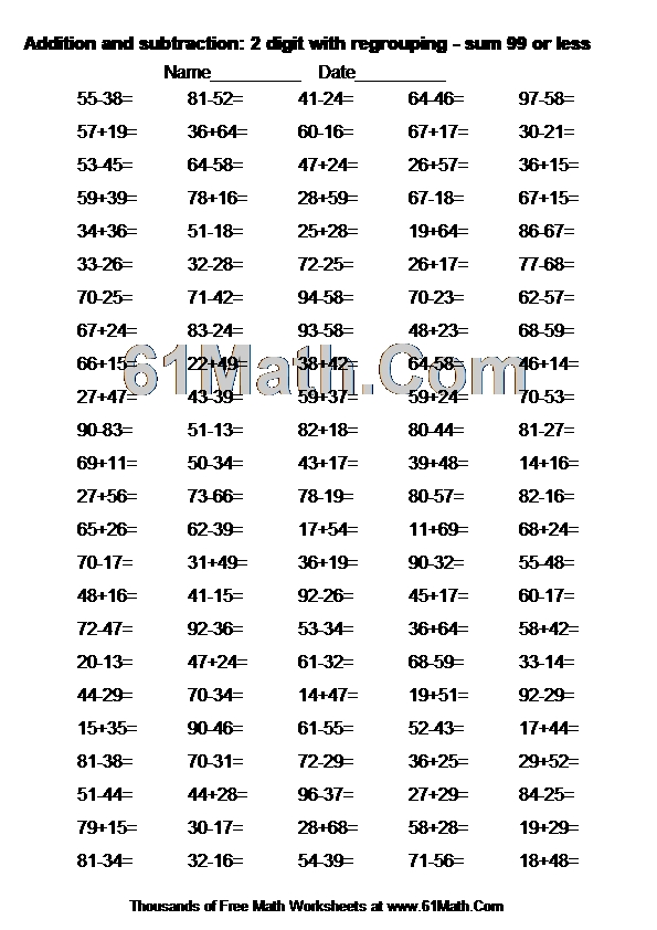 Addition and subtraction: 2 digit with regrouping - sum 99 or less