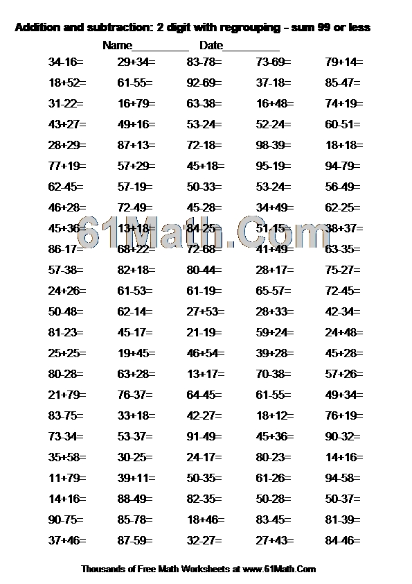 Addition and subtraction: 2 digit with regrouping - sum 99 or less