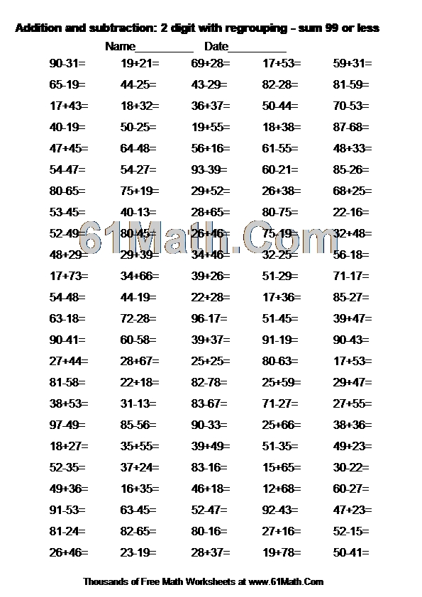 Addition and subtraction: 2 digit with regrouping - sum 99 or less