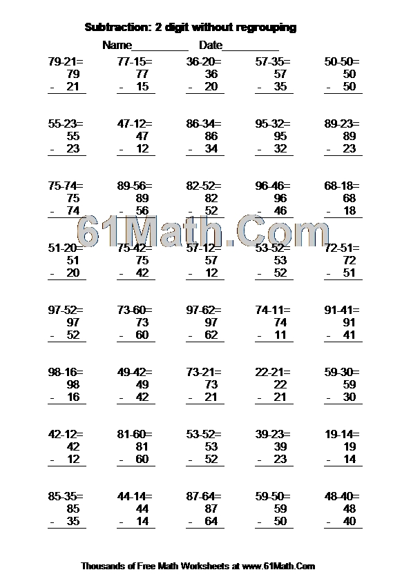 Subtraction: 2 digit without regrouping