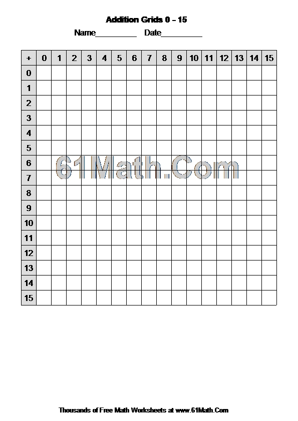 Addition Grids 0 - 15