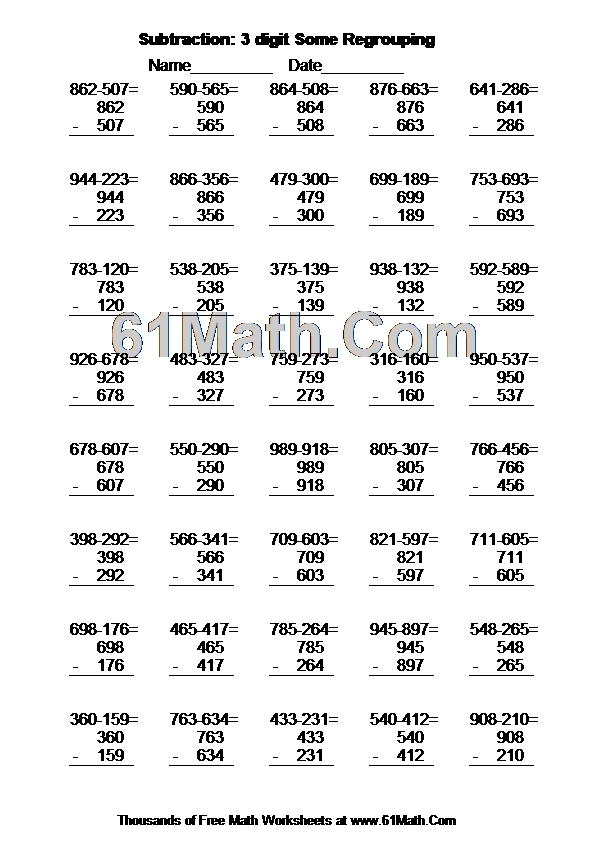 Subtraction: 3 digit Some Regrouping