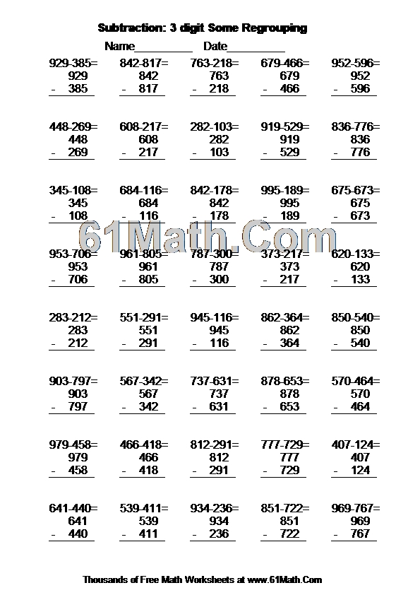 Subtraction: 3 digit Some Regrouping