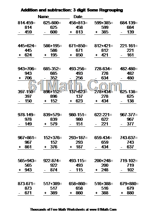 Addition and subtraction: 3 digit Some Regrouping