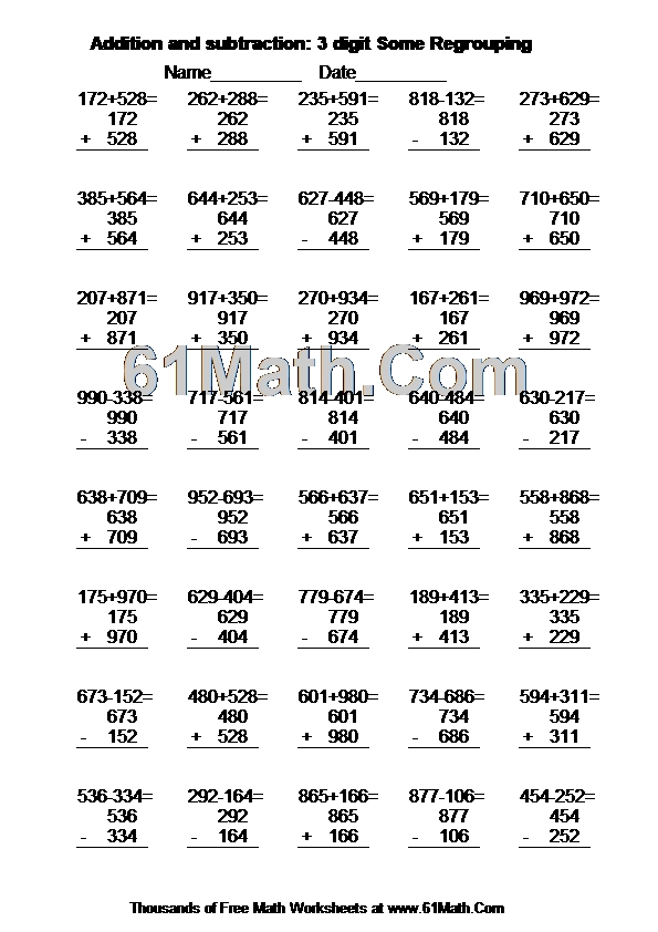 Addition and subtraction: 3 digit Some Regrouping