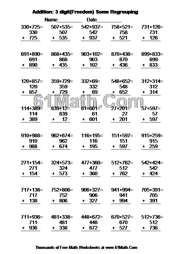Addition: 3 digit(Freedom) Some Regrouping