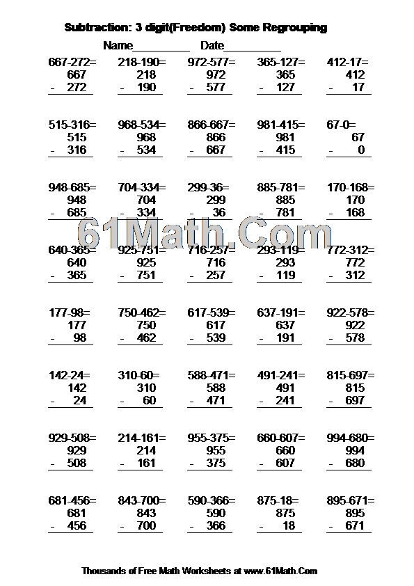Subtraction: 3 digit(Freedom) Some Regrouping
