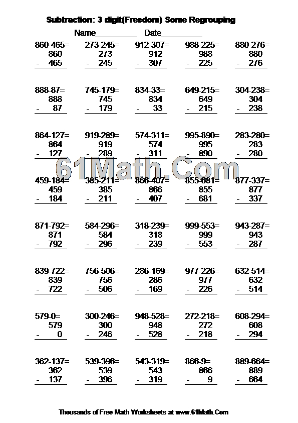 Subtraction: 3 digit(Freedom) Some Regrouping