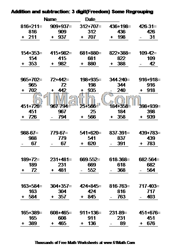 Addition and subtraction: 3 digit(Freedom) Some Regrouping