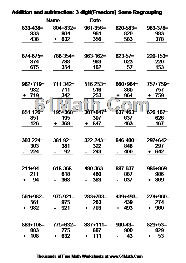 Addition and subtraction: 3 digit(Freedom) Some Regrouping