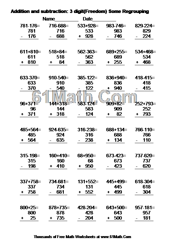 Addition and subtraction: 3 digit(Freedom) Some Regrouping