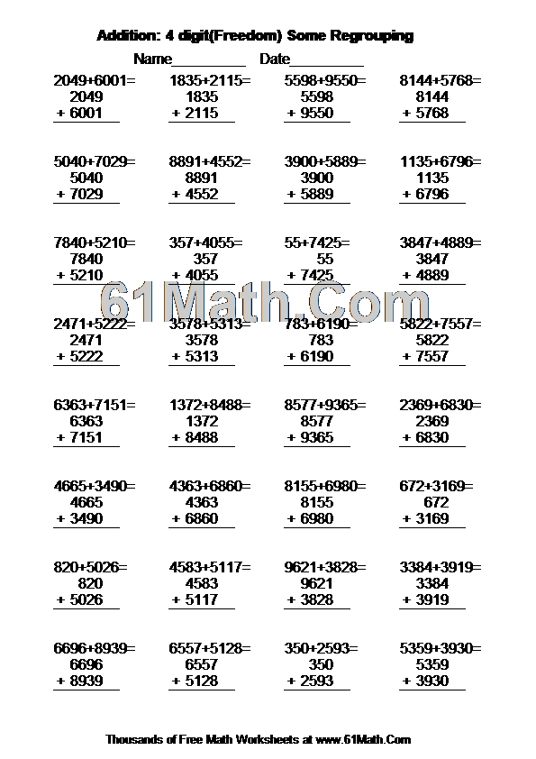 Addition: 4 digit(Freedom) Some Regrouping