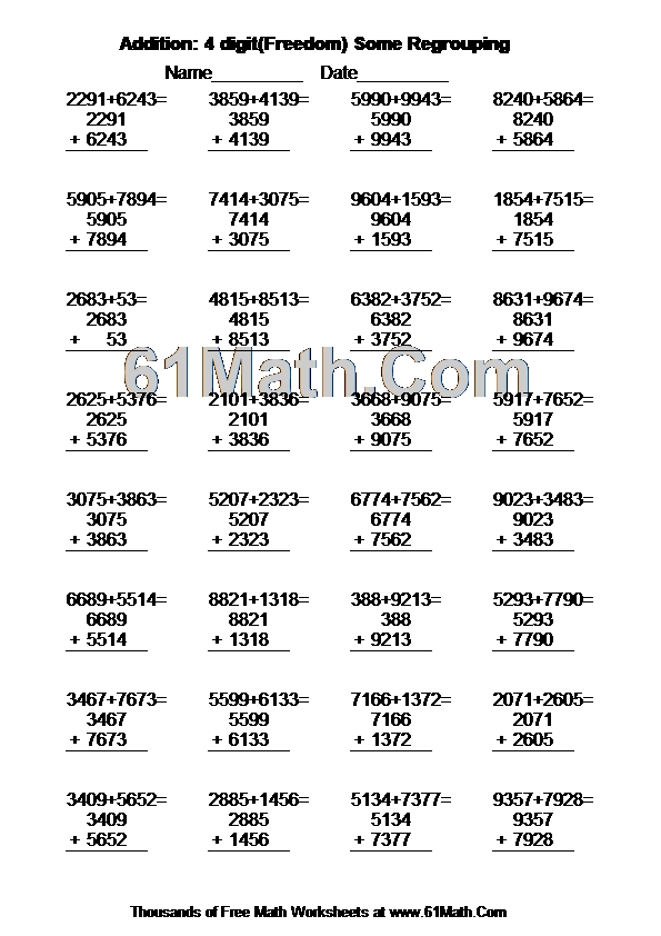 Addition: 4 digit(Freedom) Some Regrouping