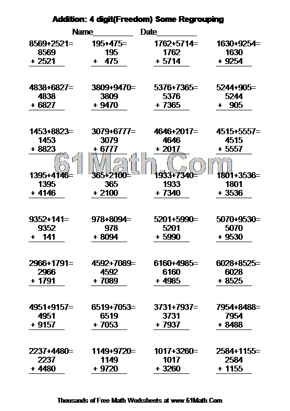 Addition: 4 digit(Freedom) Some Regrouping