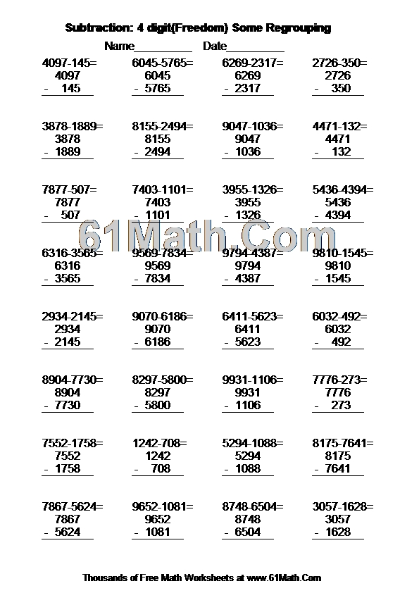 Subtraction: 4 digit(Freedom) Some Regrouping