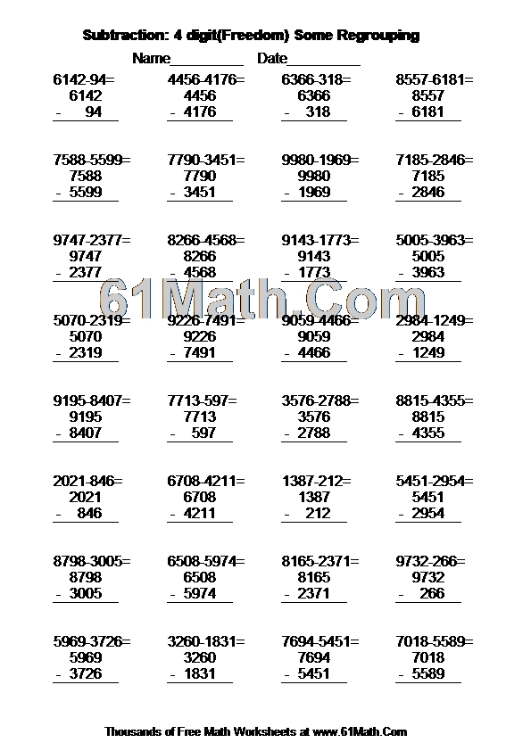 Subtraction: 4 digit(Freedom) Some Regrouping