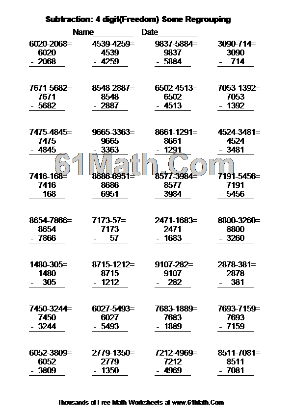 Subtraction: 4 digit(Freedom) Some Regrouping
